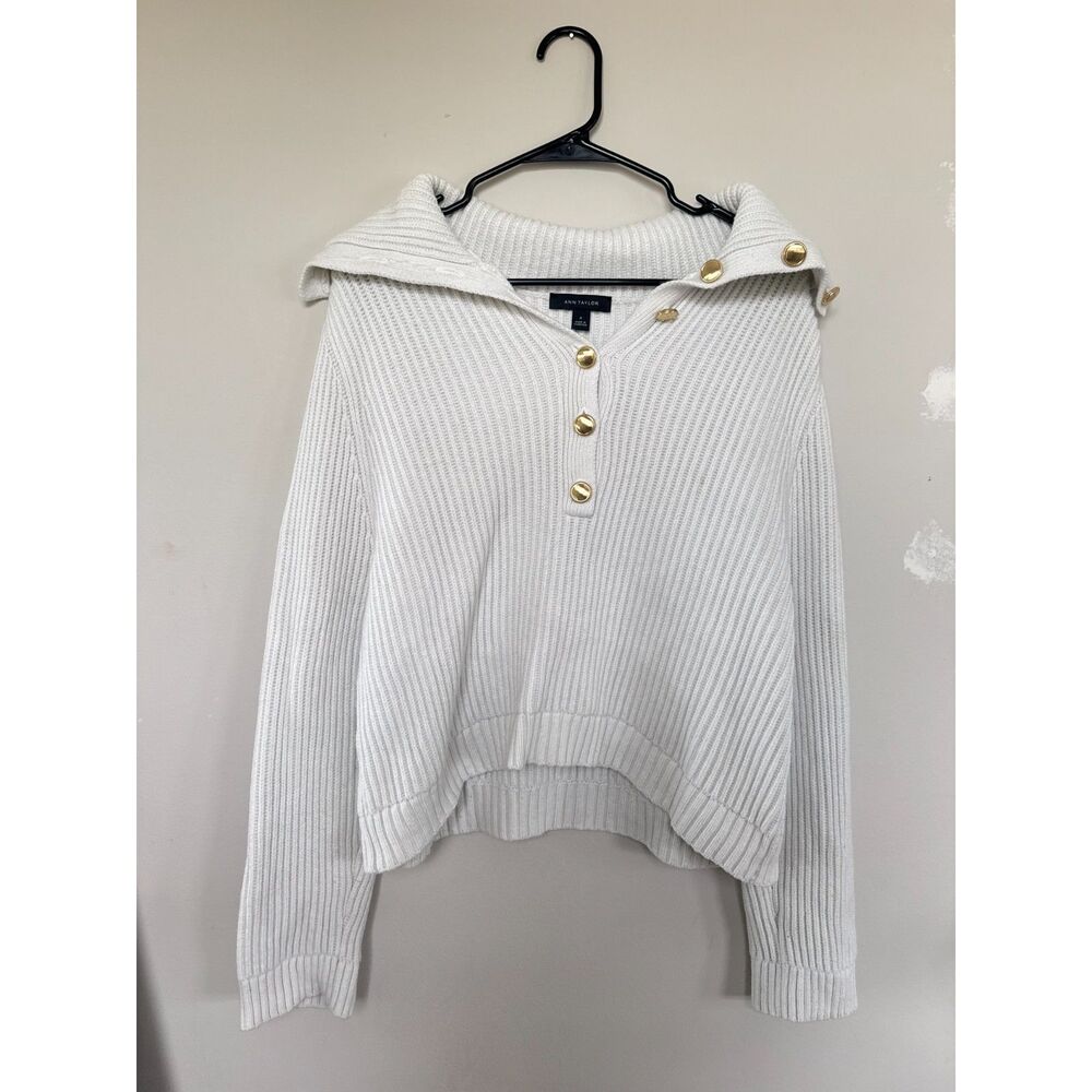 Ann Taylor Cream Ribbed Knit Gold Button Sailor Collar Sweater - Medium